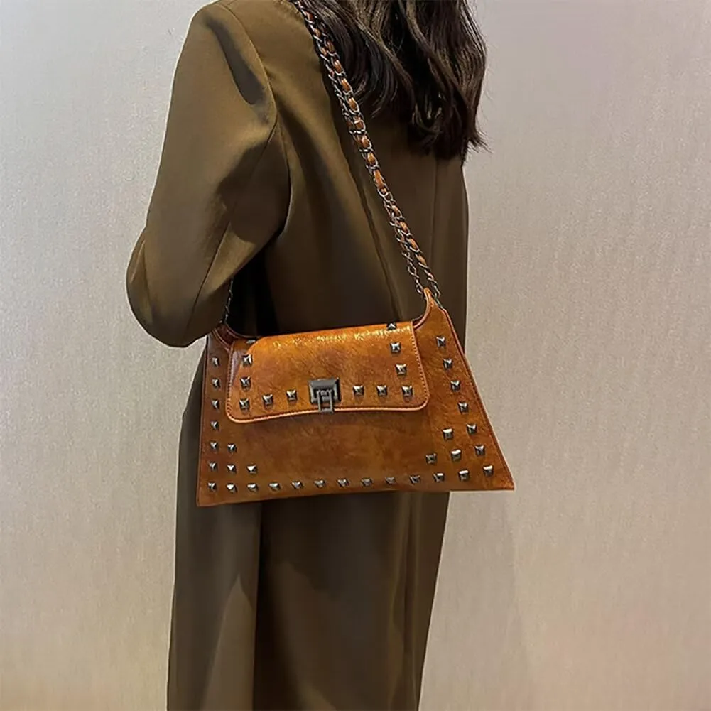 Chain Shoulder Handbag for Women Designer PU Leather Messenger Bag Rivet Hobo Purse Retro Crossbody Bag for Daily Use