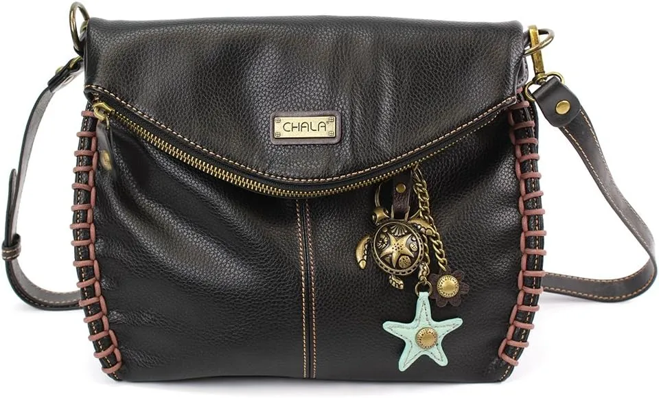 CHALA Charming Crossbody Bag With Flap Top and Zipper or Shoulder Handbag with Sea Turtle Keychain - 9 Colors