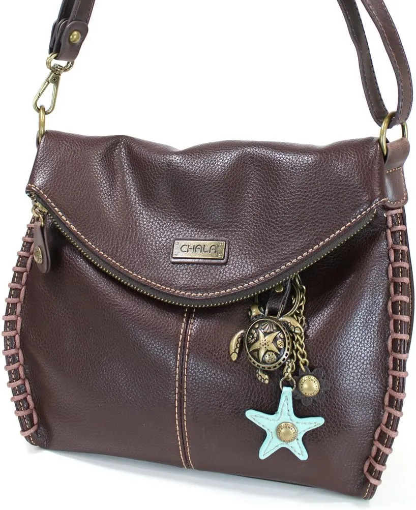 CHALA Charming Crossbody Bag With Flap Top and Zipper or Shoulder Handbag with Sea Turtle Keychain - 9 Colors