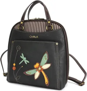 Chala Group Handbags Multi-Color Convertible Mini Backpack Purse (870) (Dragonfly_ BLACK)