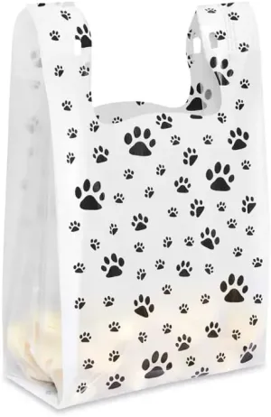 Charm Your Prince CYP 100 White Paw Print Disposable Plastic T Shirt Shopping Gift Bags with Handles - Medium - 11 1/2 x 6 x 21