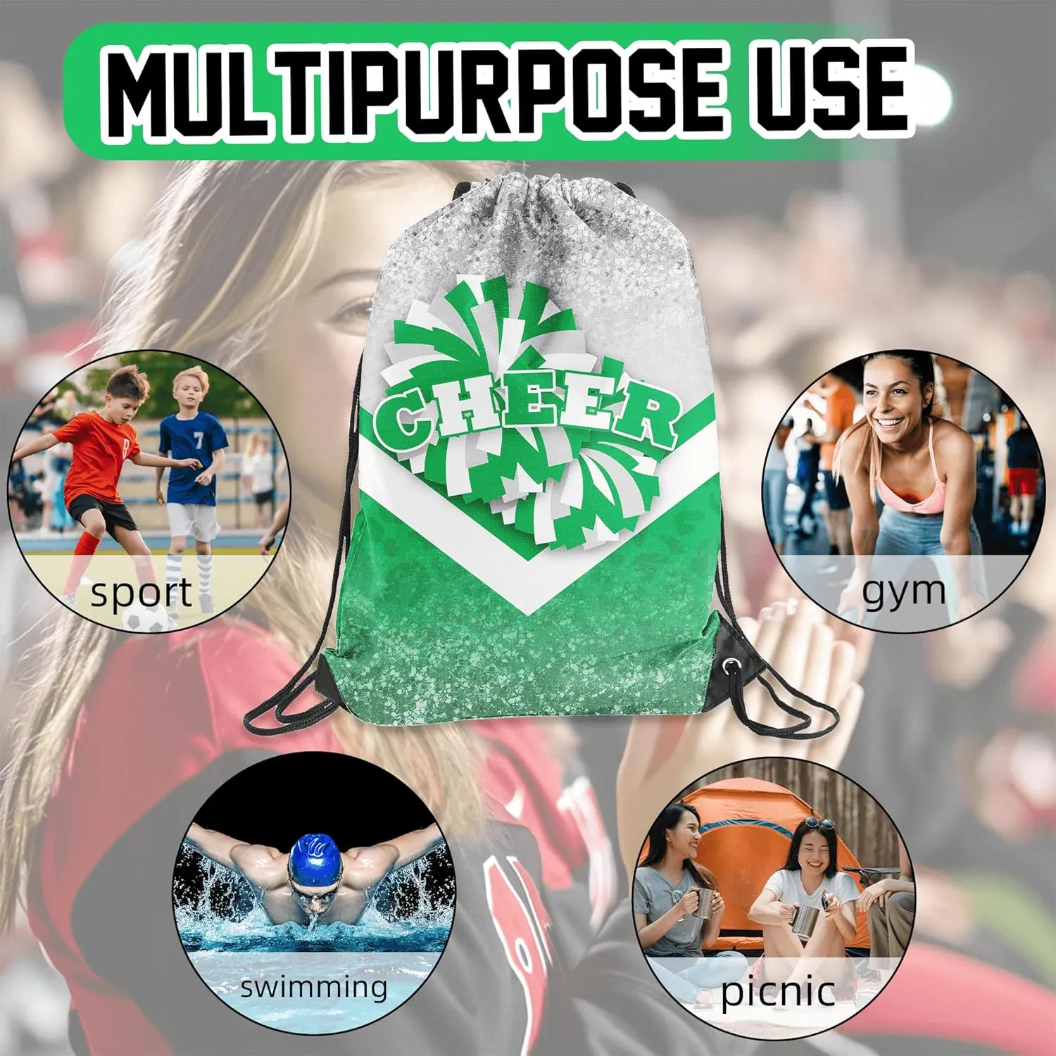 Cheer Drawstring Backpack 6Pcs Cheerleading Drawstring Gym Bag Cheer Accessories Cheerleader Gifts for Cheerleaders (Silver&Green)