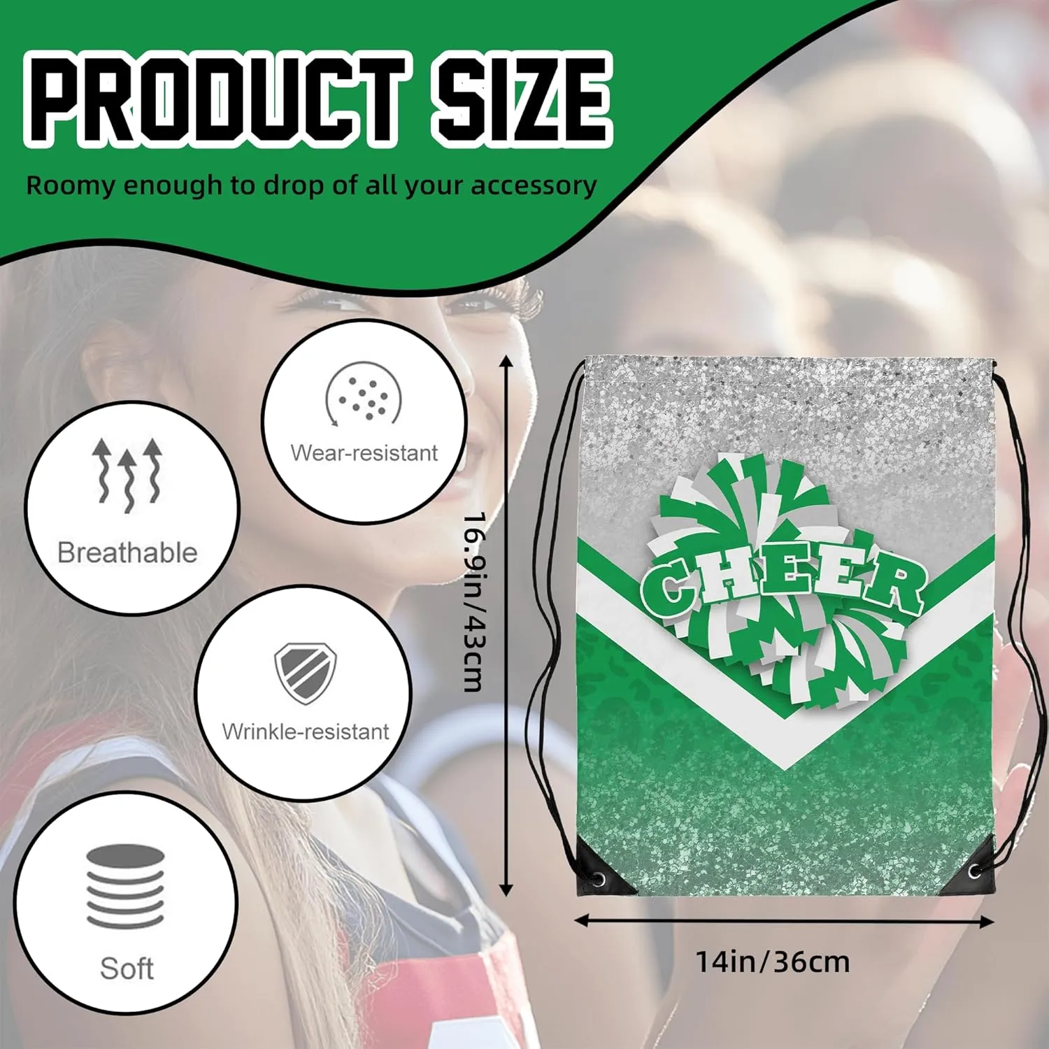 Cheer Drawstring Backpack 6Pcs Cheerleading Drawstring Gym Bag Cheer Accessories Cheerleader Gifts for Cheerleaders (Silver&Green)