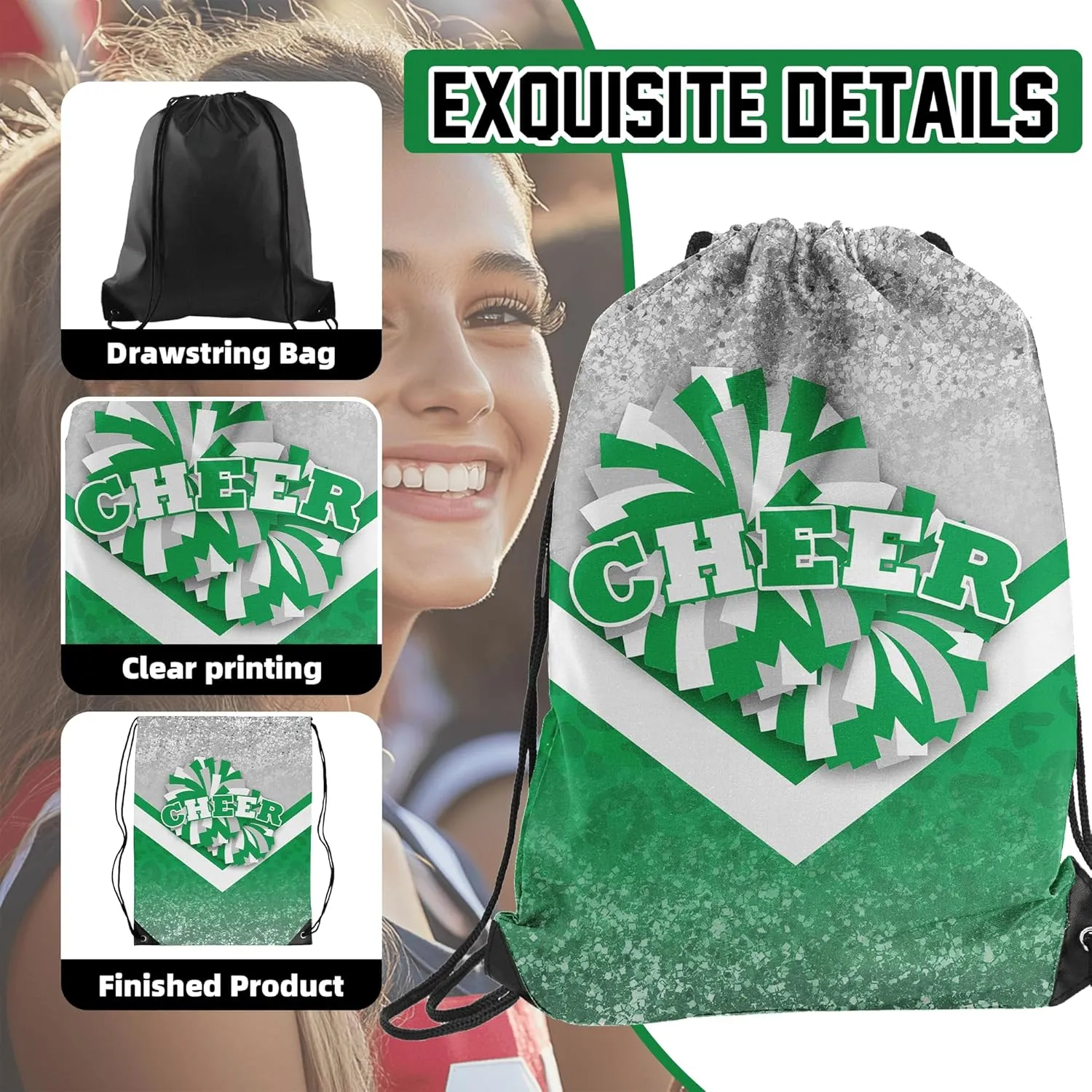 Cheer Drawstring Backpack 6Pcs Cheerleading Drawstring Gym Bag Cheer Accessories Cheerleader Gifts for Cheerleaders (Silver&Green)