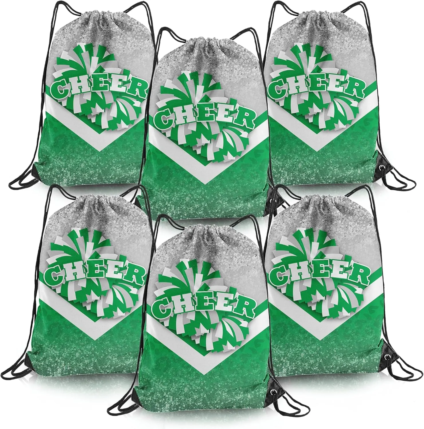 Cheer Drawstring Backpack 6Pcs Cheerleading Drawstring Gym Bag Cheer Accessories Cheerleader Gifts for Cheerleaders (Silver&Green)