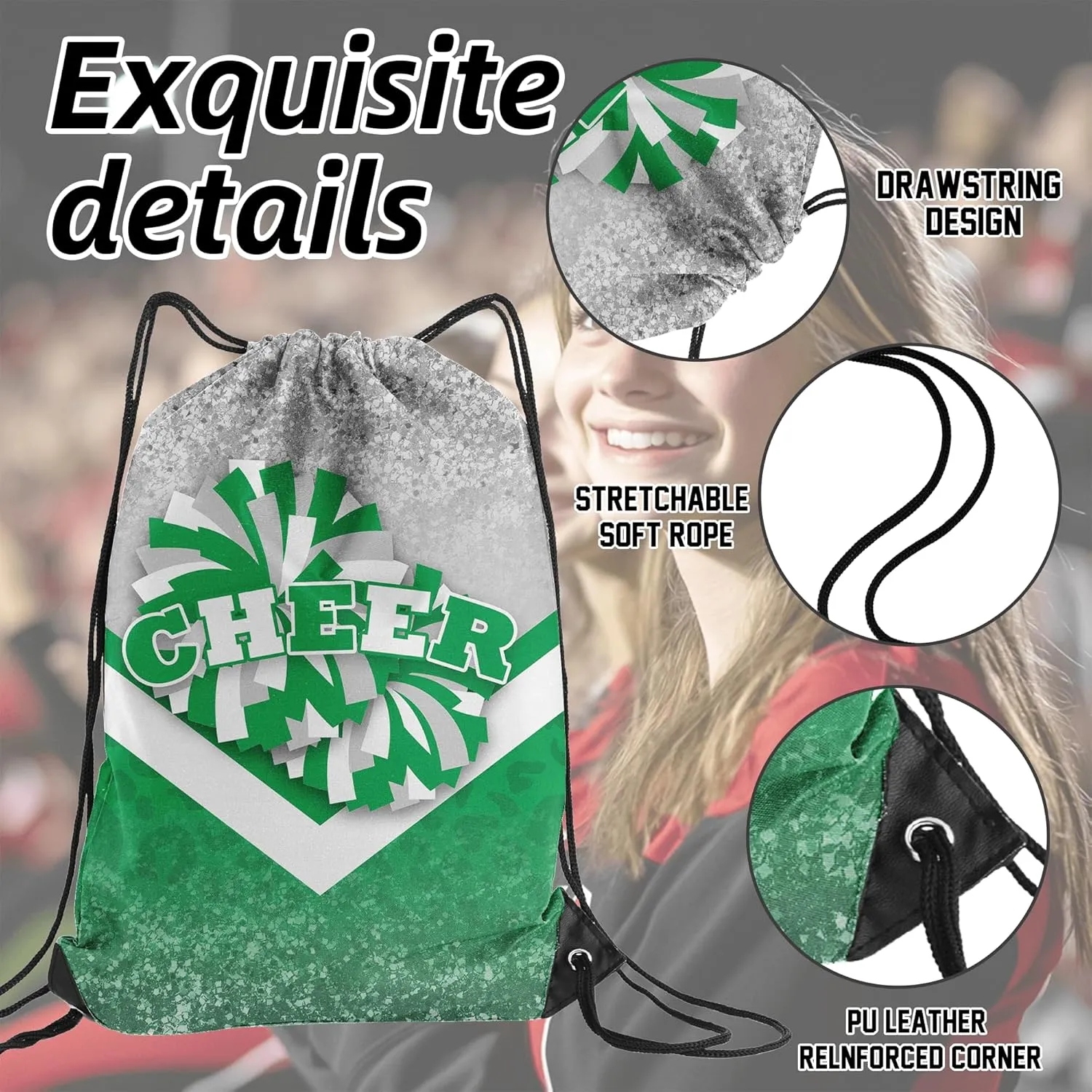 Cheer Drawstring Backpack 6Pcs Cheerleading Drawstring Gym Bag Cheer Accessories Cheerleader Gifts for Cheerleaders (Silver&Green)