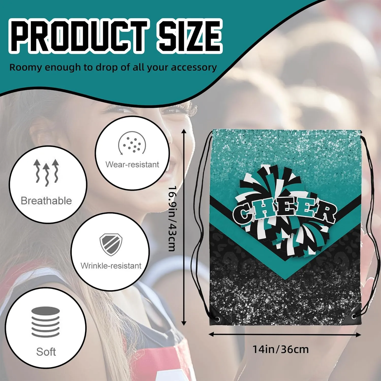 Cheer Drawstring Backpack 6Pcs Cheerleading Drawstring Gym Bag Cheer Accessories Cheerleader Gifts for Cheerleaders (Teal&Black)