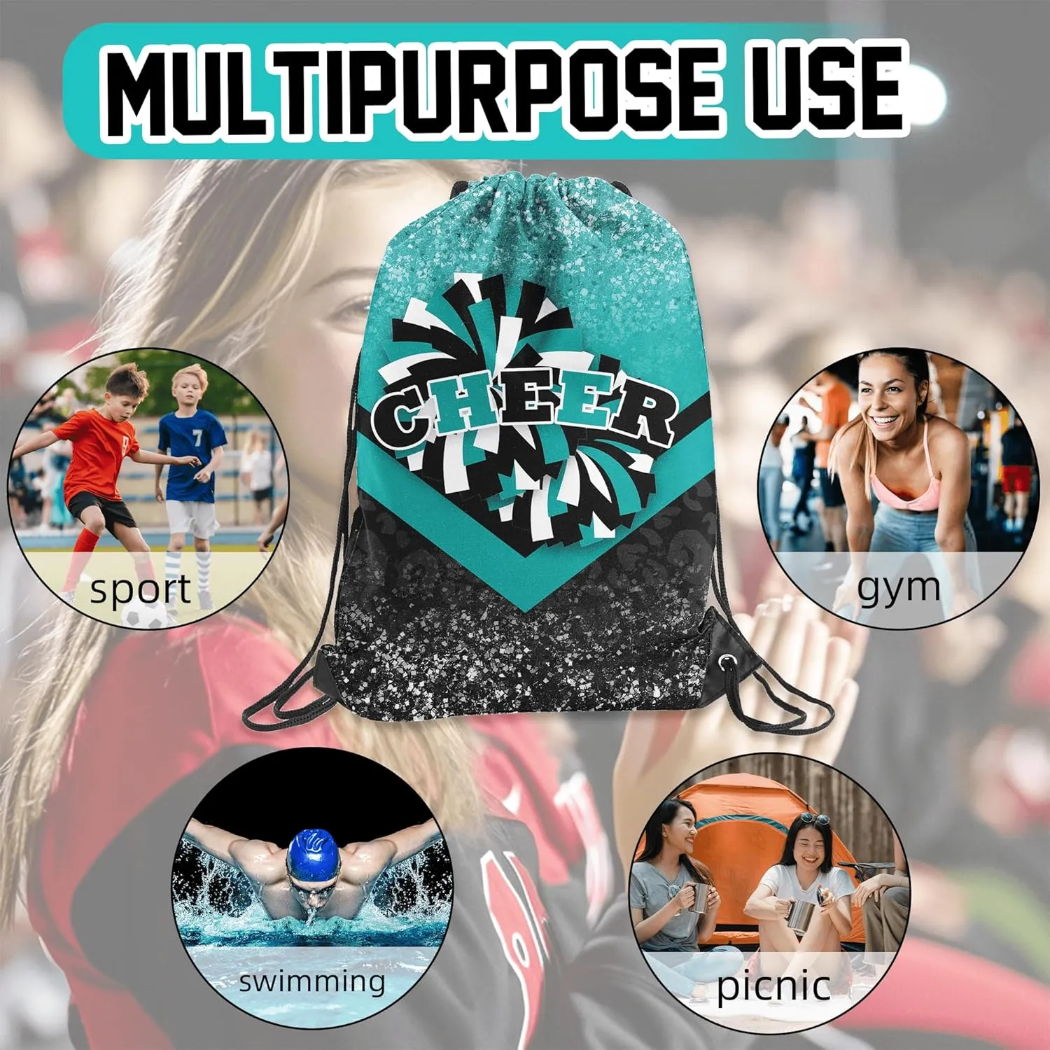 Cheer Drawstring Backpack 6Pcs Cheerleading Drawstring Gym Bag Cheer Accessories Cheerleader Gifts for Cheerleaders (Teal&Black)
