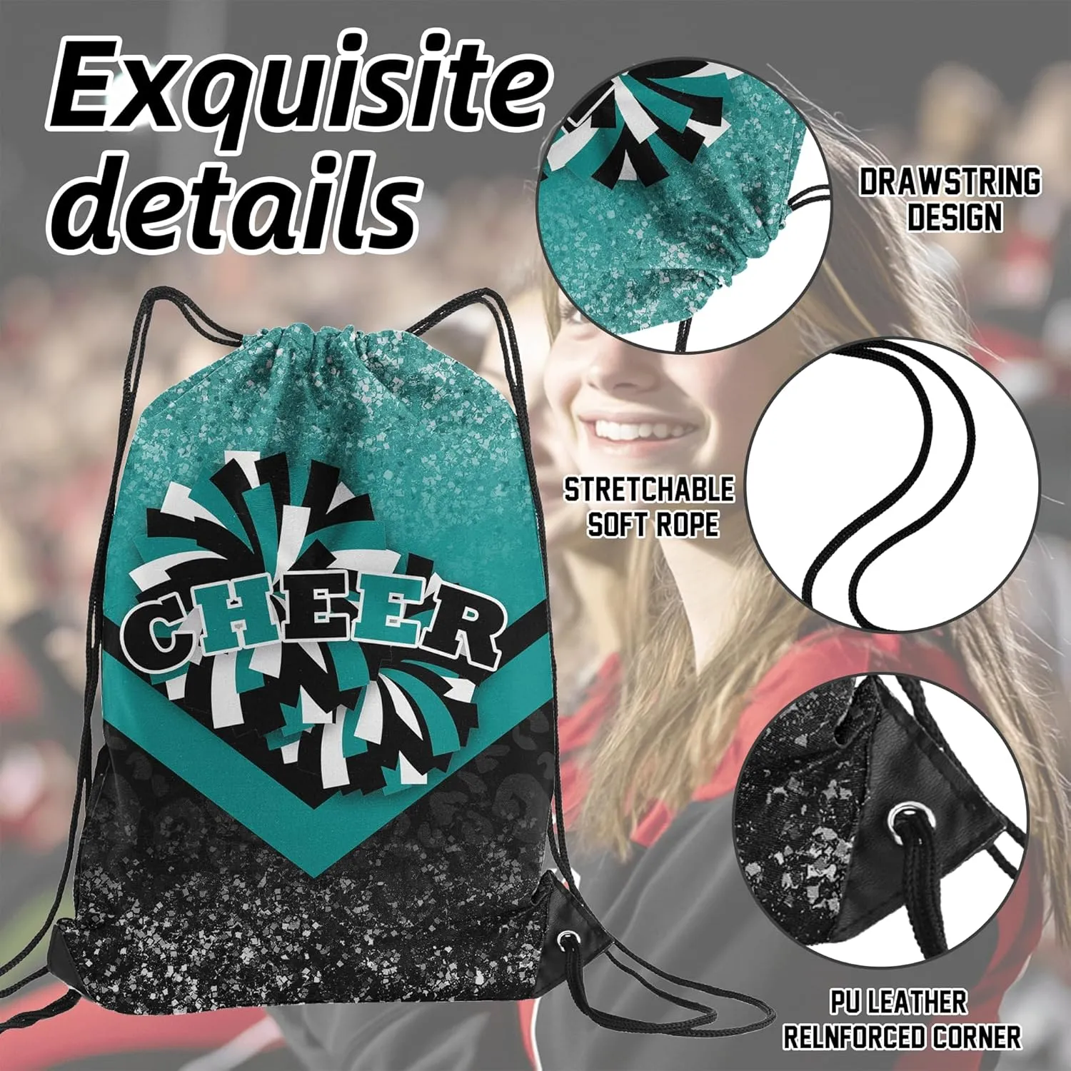Cheer Drawstring Backpack 6Pcs Cheerleading Drawstring Gym Bag Cheer Accessories Cheerleader Gifts for Cheerleaders (Teal&Black)