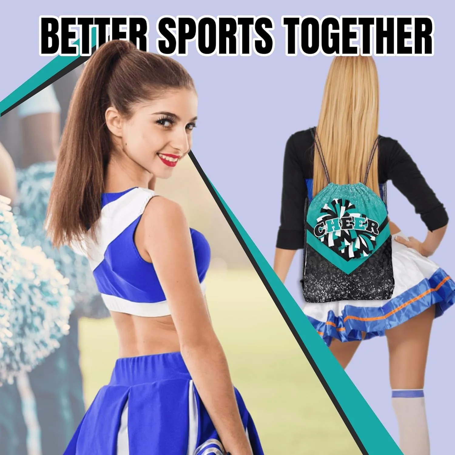 Cheer Drawstring Backpack 6Pcs Cheerleading Drawstring Gym Bag Cheer Accessories Cheerleader Gifts for Cheerleaders (Teal&Black)