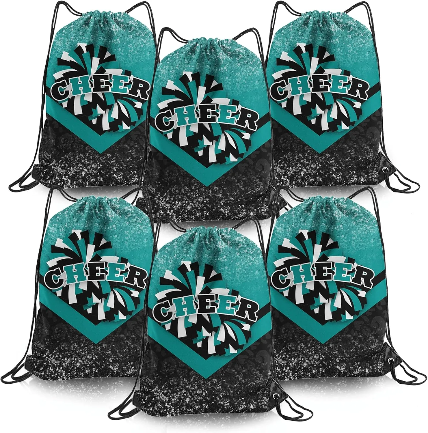 Cheer Drawstring Backpack 6Pcs Cheerleading Drawstring Gym Bag Cheer Accessories Cheerleader Gifts for Cheerleaders (Teal&Black)