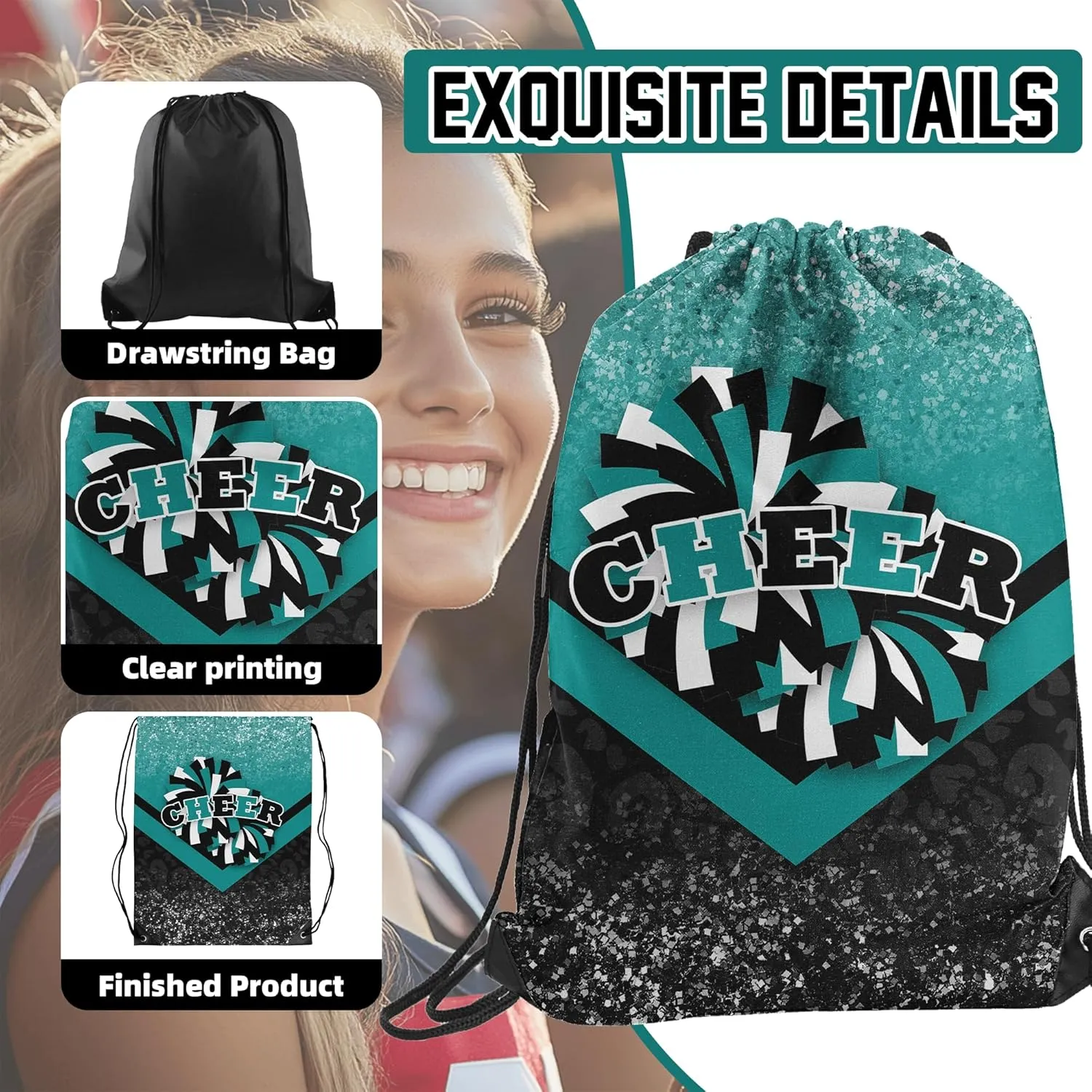 Cheer Drawstring Backpack 6Pcs Cheerleading Drawstring Gym Bag Cheer Accessories Cheerleader Gifts for Cheerleaders (Teal&Black)