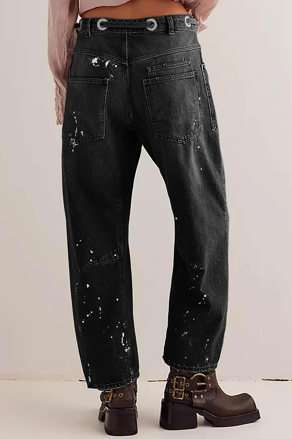 Cicy Bell Womens Baggy Barrel Horseshoe Jeans Wide Leg Drawstring Vintage Denim Pants with Front Pockets