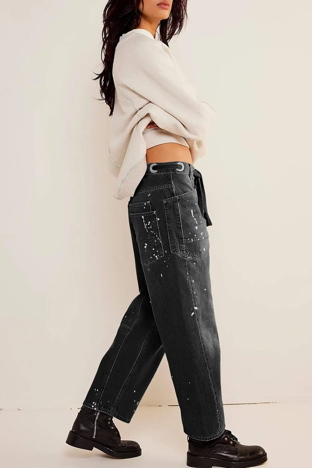 Cicy Bell Womens Baggy Barrel Horseshoe Jeans Wide Leg Drawstring Vintage Denim Pants with Front Pockets