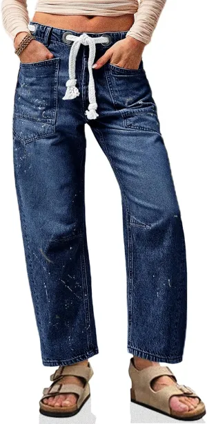 Cicy Bell Womens Baggy Barrel Horseshoe Jeans Wide Leg Drawstring Vintage Denim Pants with Front Pockets