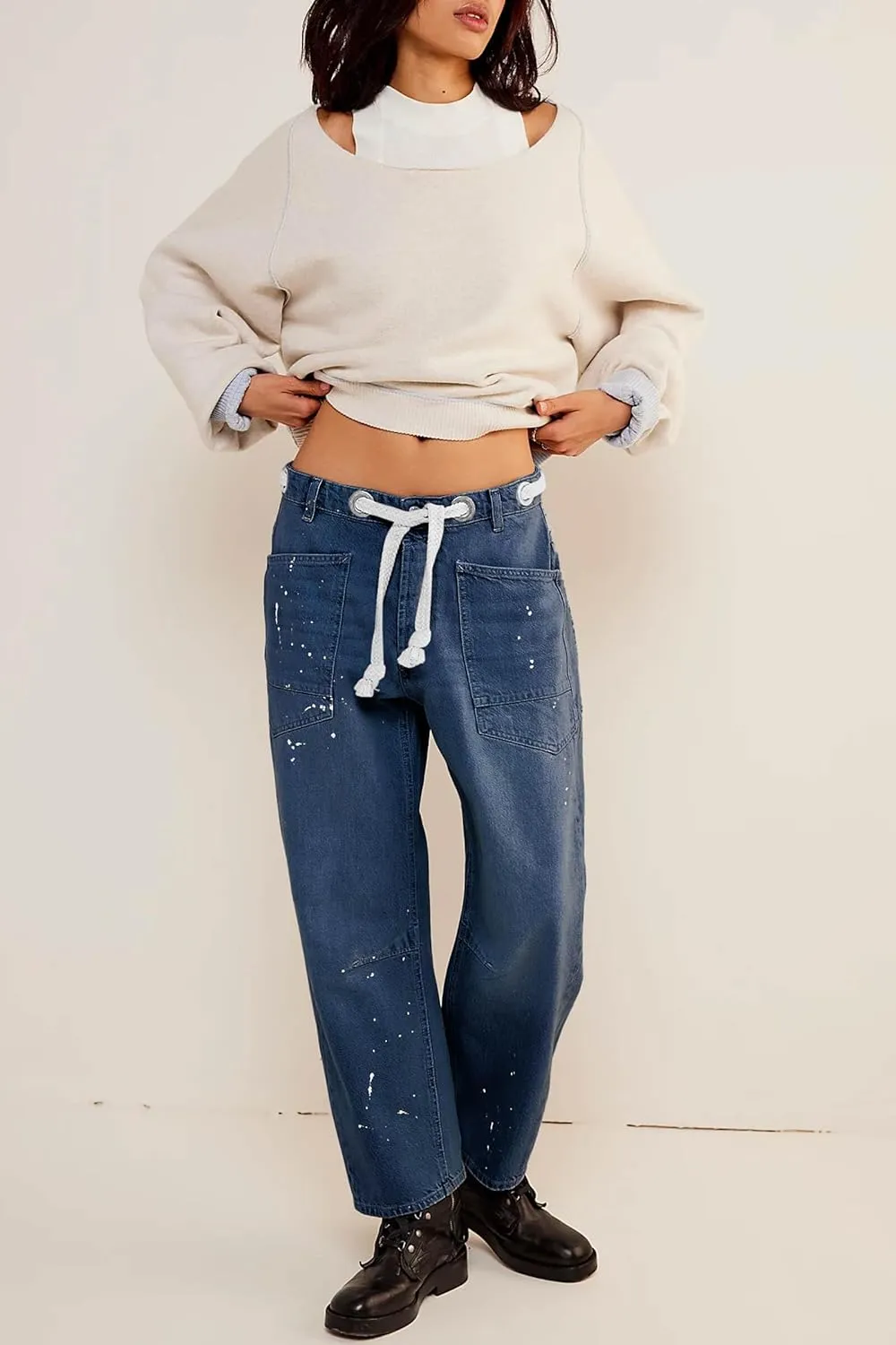 Cicy Bell Womens Baggy Barrel Horseshoe Jeans Wide Leg Drawstring Vintage Denim Pants with Front Pockets