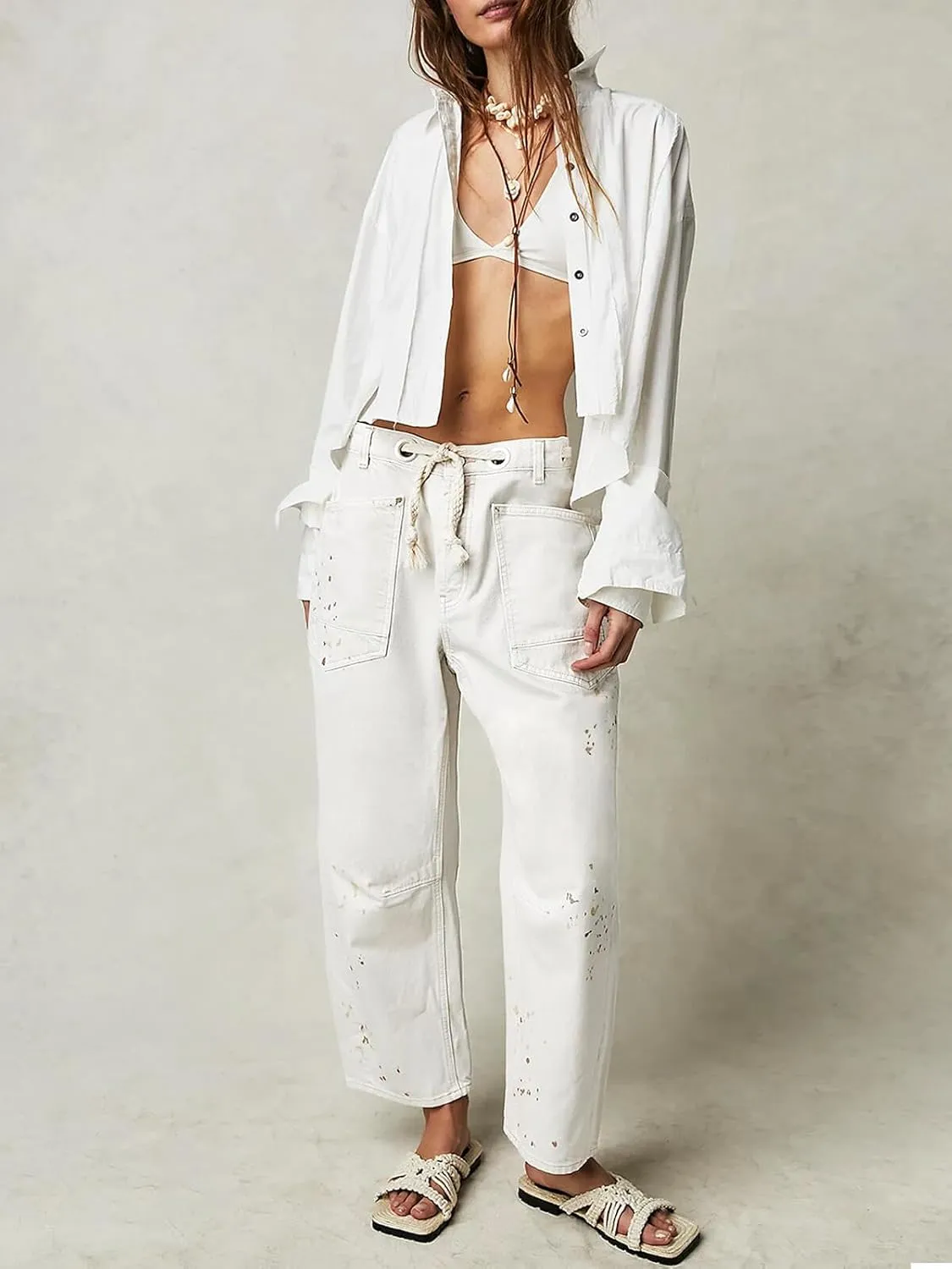 Cicy Bell Womens Baggy Barrel Horseshoe Jeans Wide Leg Drawstring Vintage Denim Pants with Front Pockets