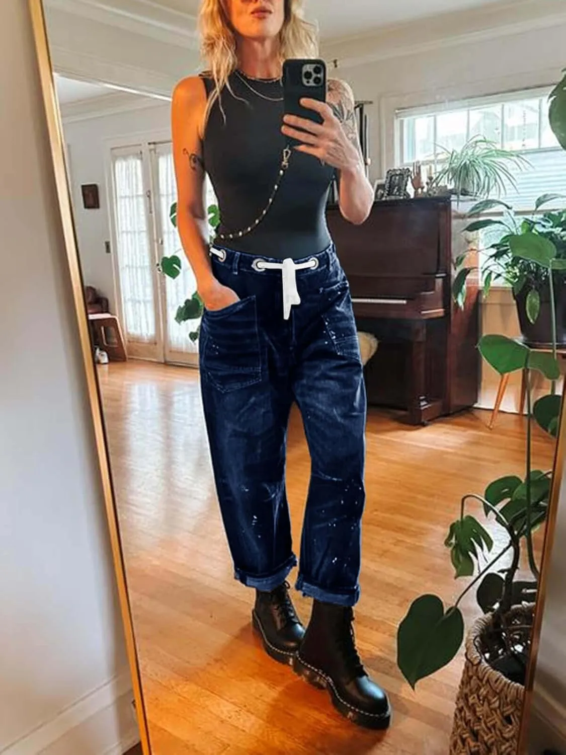 Cicy Bell Womens Baggy Barrel Horseshoe Jeans Wide Leg Drawstring Vintage Denim Pants with Front Pockets