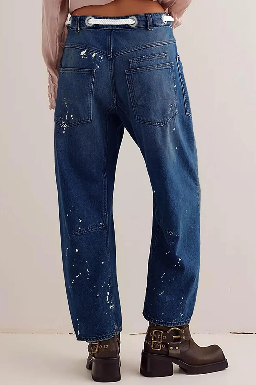 Cicy Bell Womens Baggy Barrel Horseshoe Jeans Wide Leg Drawstring Vintage Denim Pants with Front Pockets