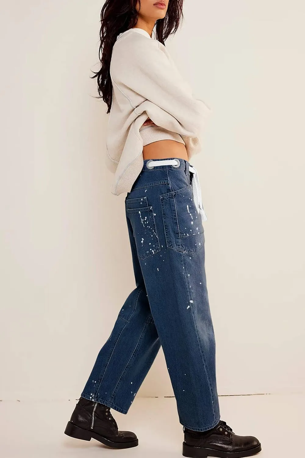 Cicy Bell Womens Baggy Barrel Horseshoe Jeans Wide Leg Drawstring Vintage Denim Pants with Front Pockets
