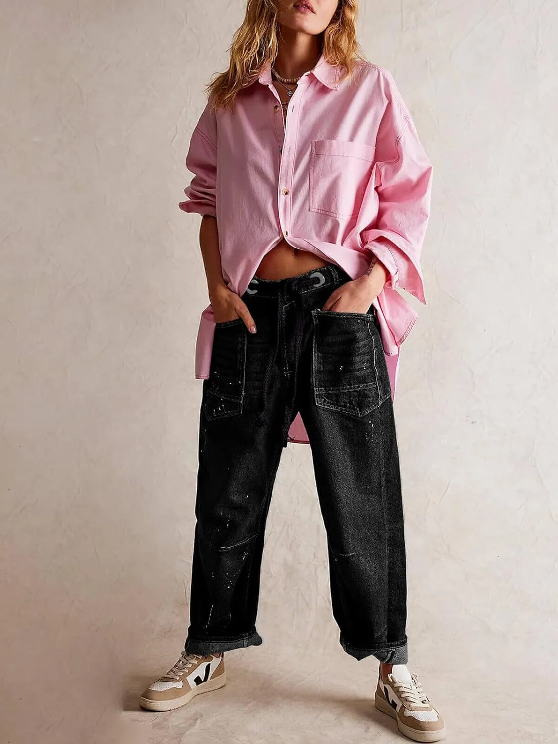 Cicy Bell Womens Baggy Barrel Horseshoe Jeans Wide Leg Drawstring Vintage Denim Pants with Front Pockets