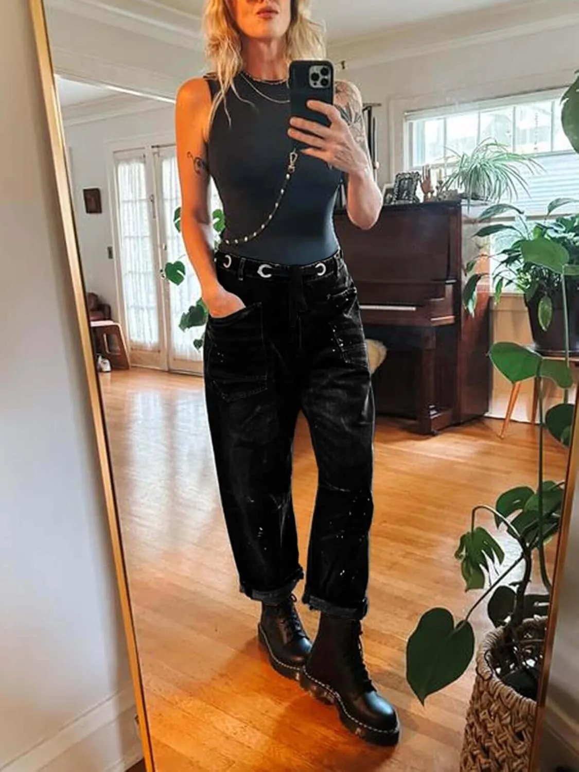 Cicy Bell Womens Baggy Barrel Horseshoe Jeans Wide Leg Drawstring Vintage Denim Pants with Front Pockets