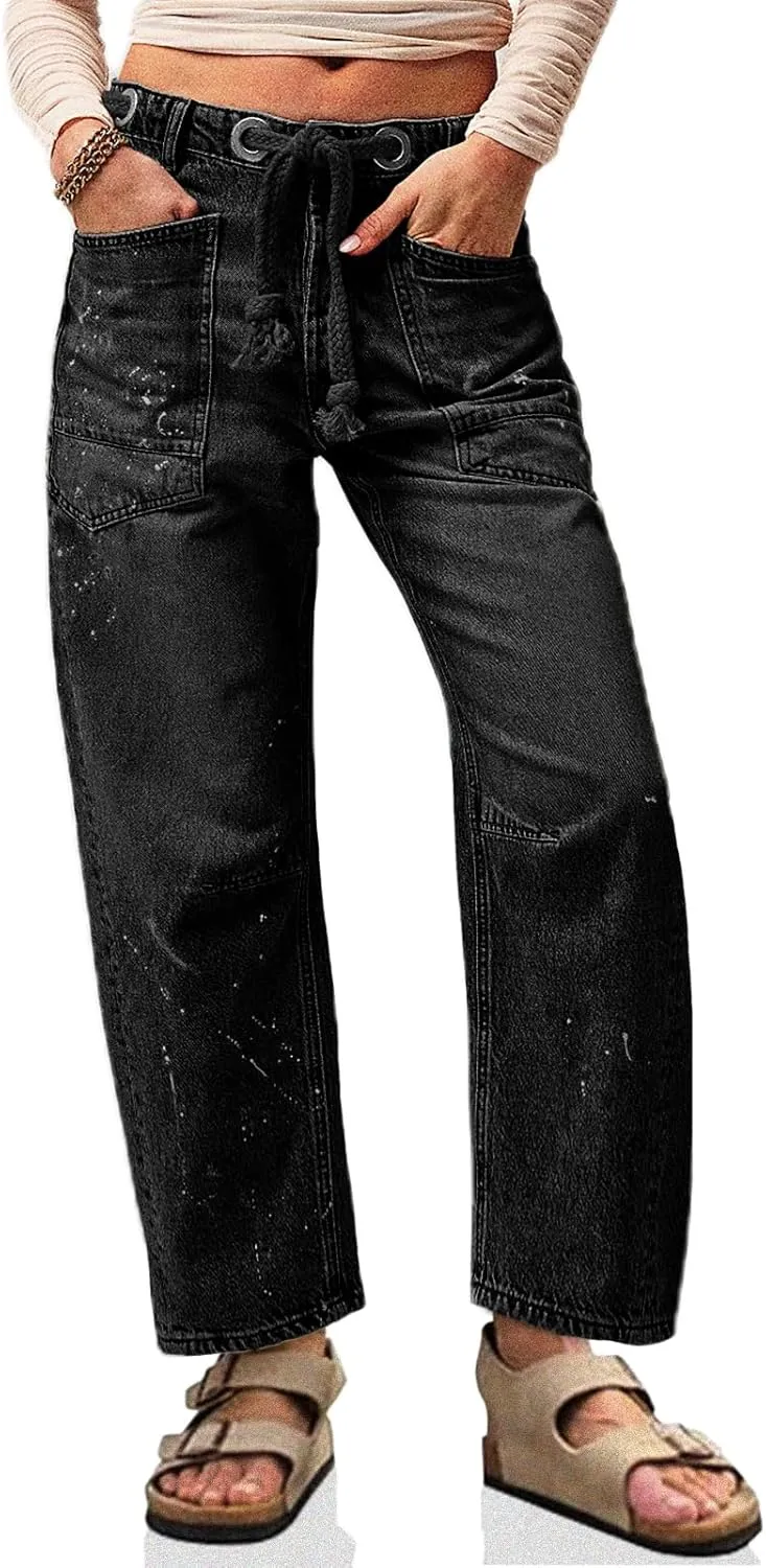 Cicy Bell Womens Baggy Barrel Horseshoe Jeans Wide Leg Drawstring Vintage Denim Pants with Front Pockets
