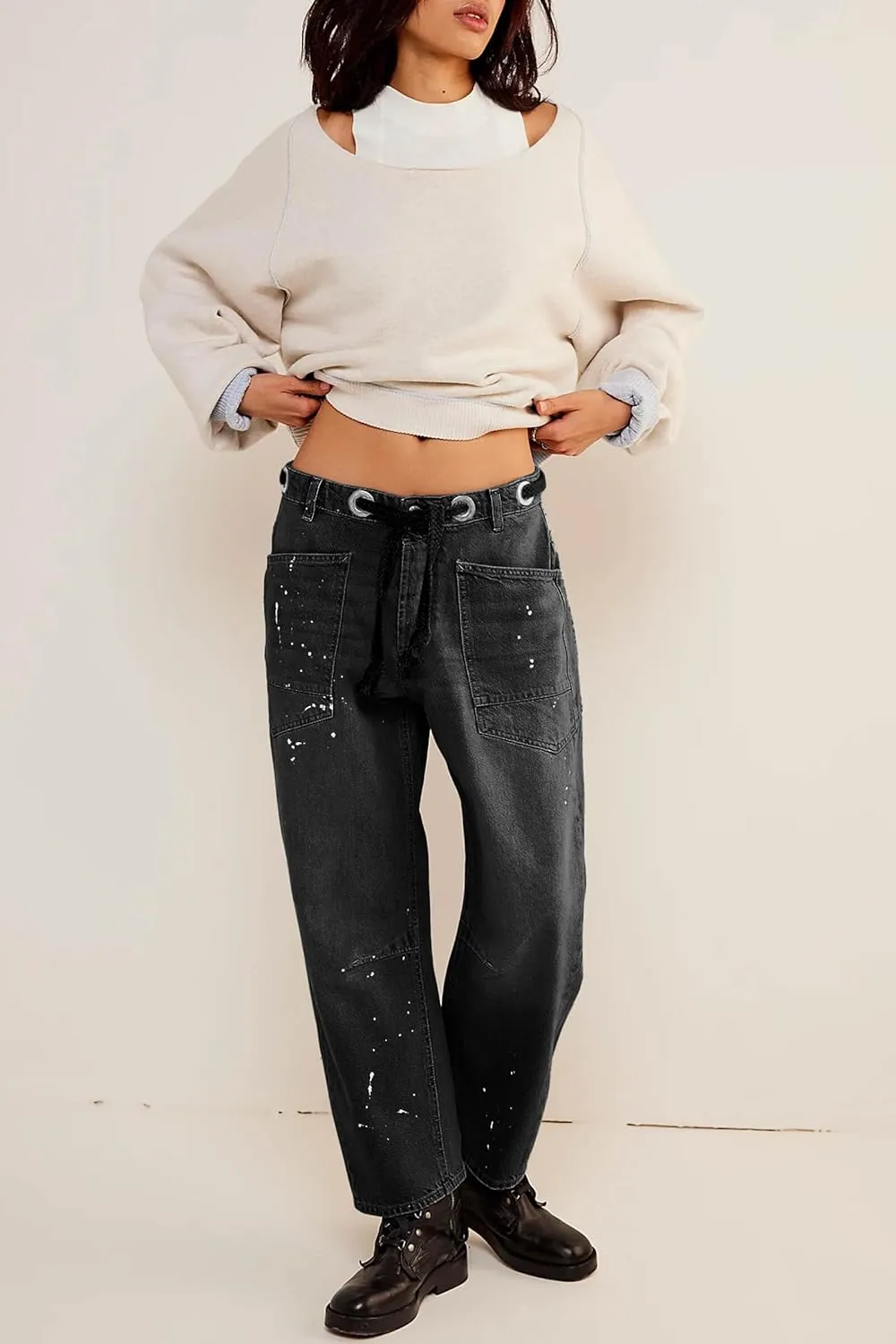 Cicy Bell Womens Baggy Barrel Horseshoe Jeans Wide Leg Drawstring Vintage Denim Pants with Front Pockets