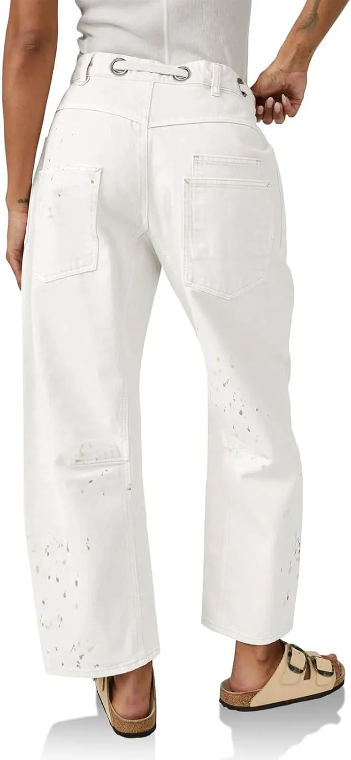 Cicy Bell Womens Baggy Barrel Horseshoe Jeans Wide Leg Drawstring Vintage Denim Pants with Front Pockets