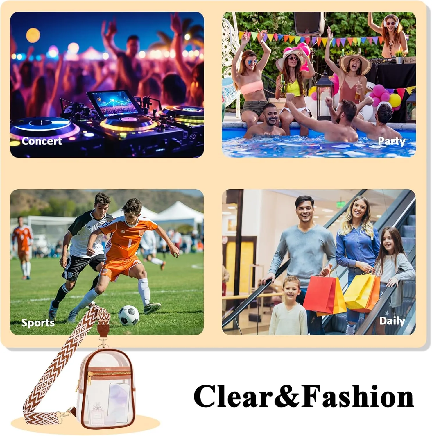 Clear Bag for Stadium Events Approved Concert Travel Outdoors See Through Sports Fan Handbags&Purses