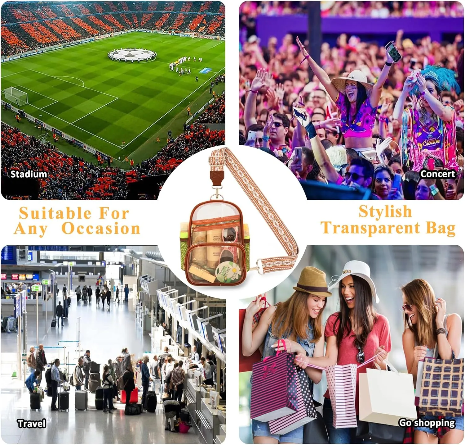 Clear Bag Stadium Approved Events Concerts Sports Outdoors Water Bottle Holder,Clear Purse for Women Men Handbags
