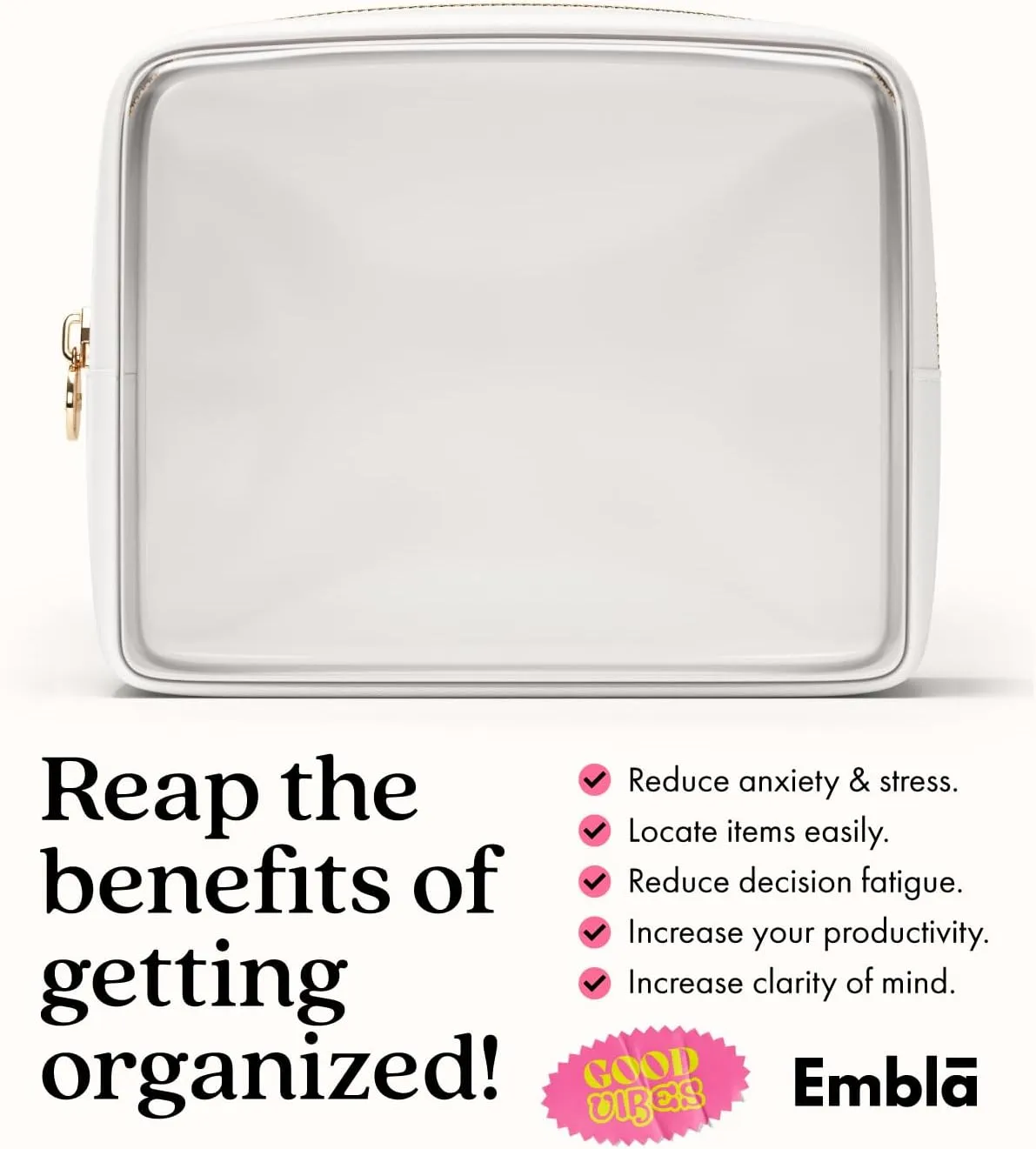 Clear Makeup Bag Zipper Pouch, Transparent Cosmetic Case Organizer, TSA Approved Travel Toiletry Case, Travel Accessories Essentials Makeup Tote for Women, Large Cute Make up Bag for Purse - White