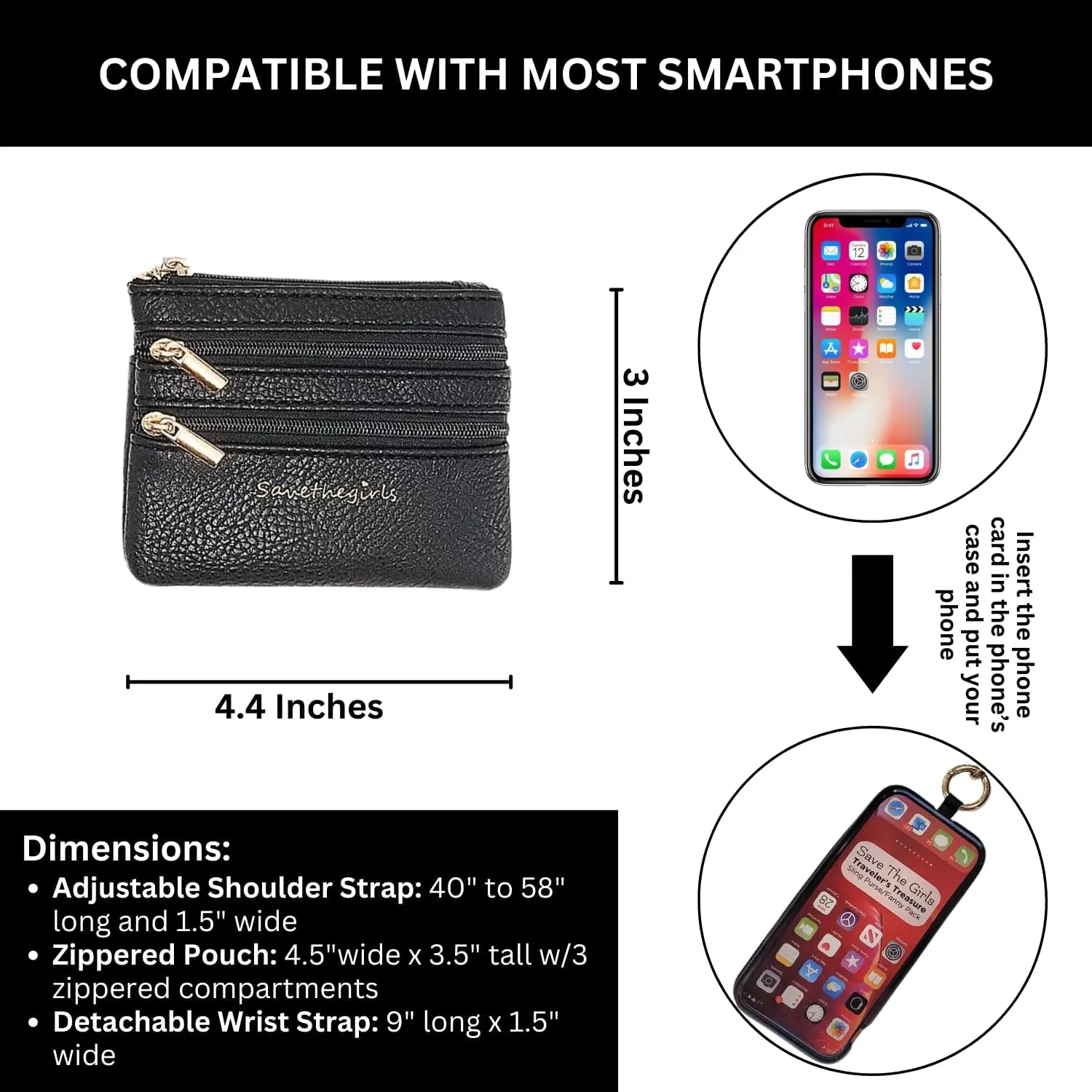Clip and Go Phone Strap Solid (Purple - Purple Pouch) - Crossbody Phone Strap Chain with Zipper Wallet Pouch – Phone Lanyard with Zippered Pouch