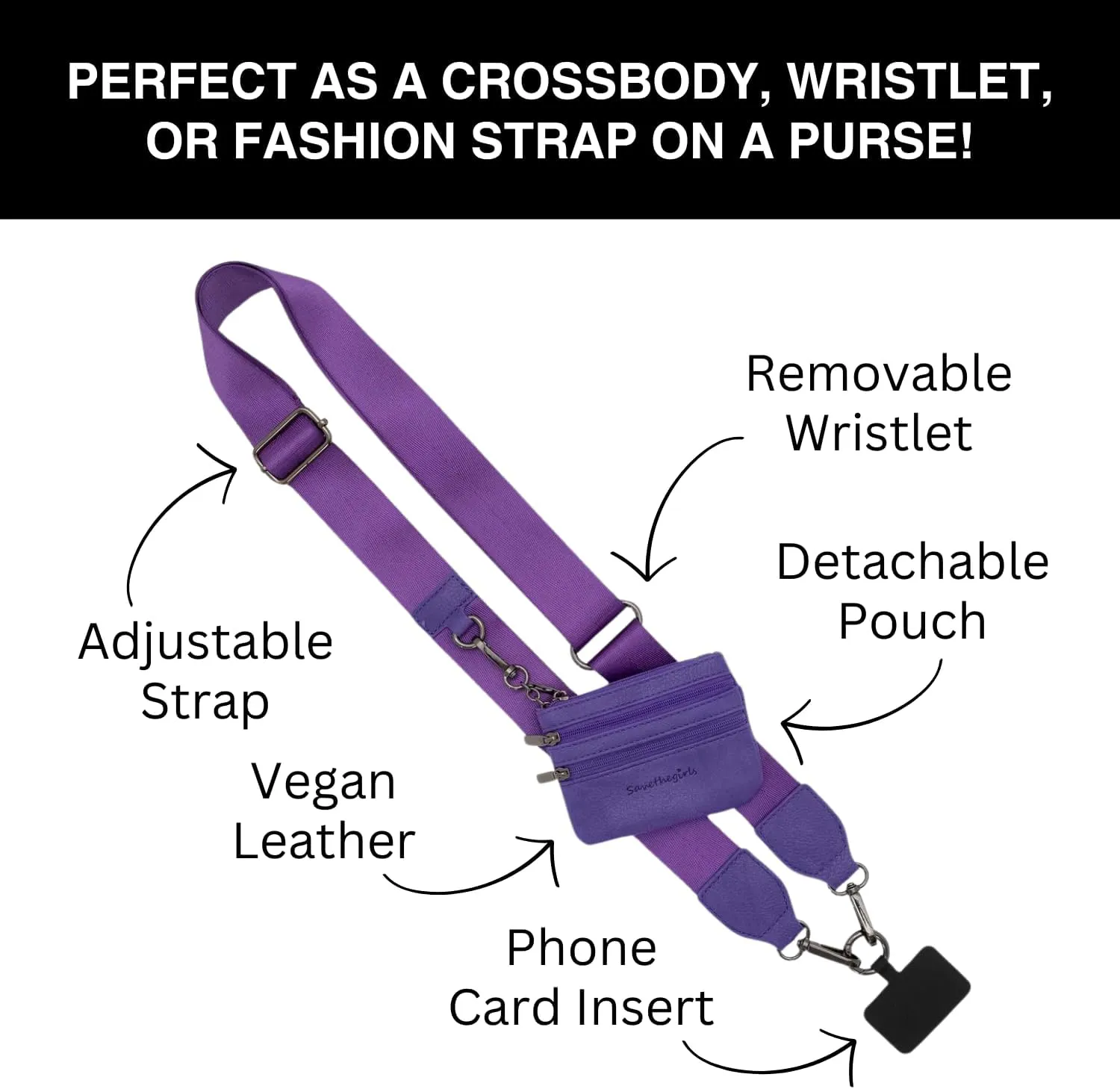 Clip and Go Phone Strap Solid (Purple - Purple Pouch) - Crossbody Phone Strap Chain with Zipper Wallet Pouch – Phone Lanyard with Zippered Pouch