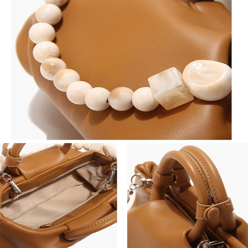 Cloud Clutch Purses for Women Soft Leather Dumpling Bag Beaded Slouchy Pouch Bag Small Handbag Crossbody Purse