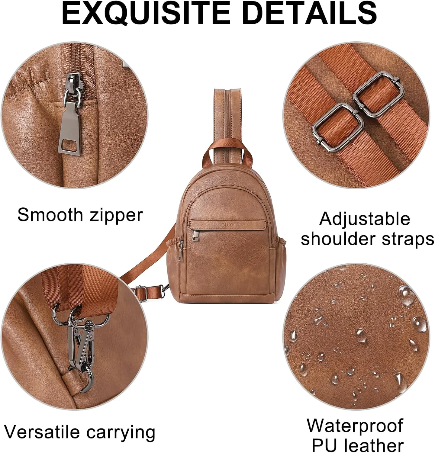 CLUCI Leather Sling Backpack for Women - Small Convertible Crossbody Bag for Travel