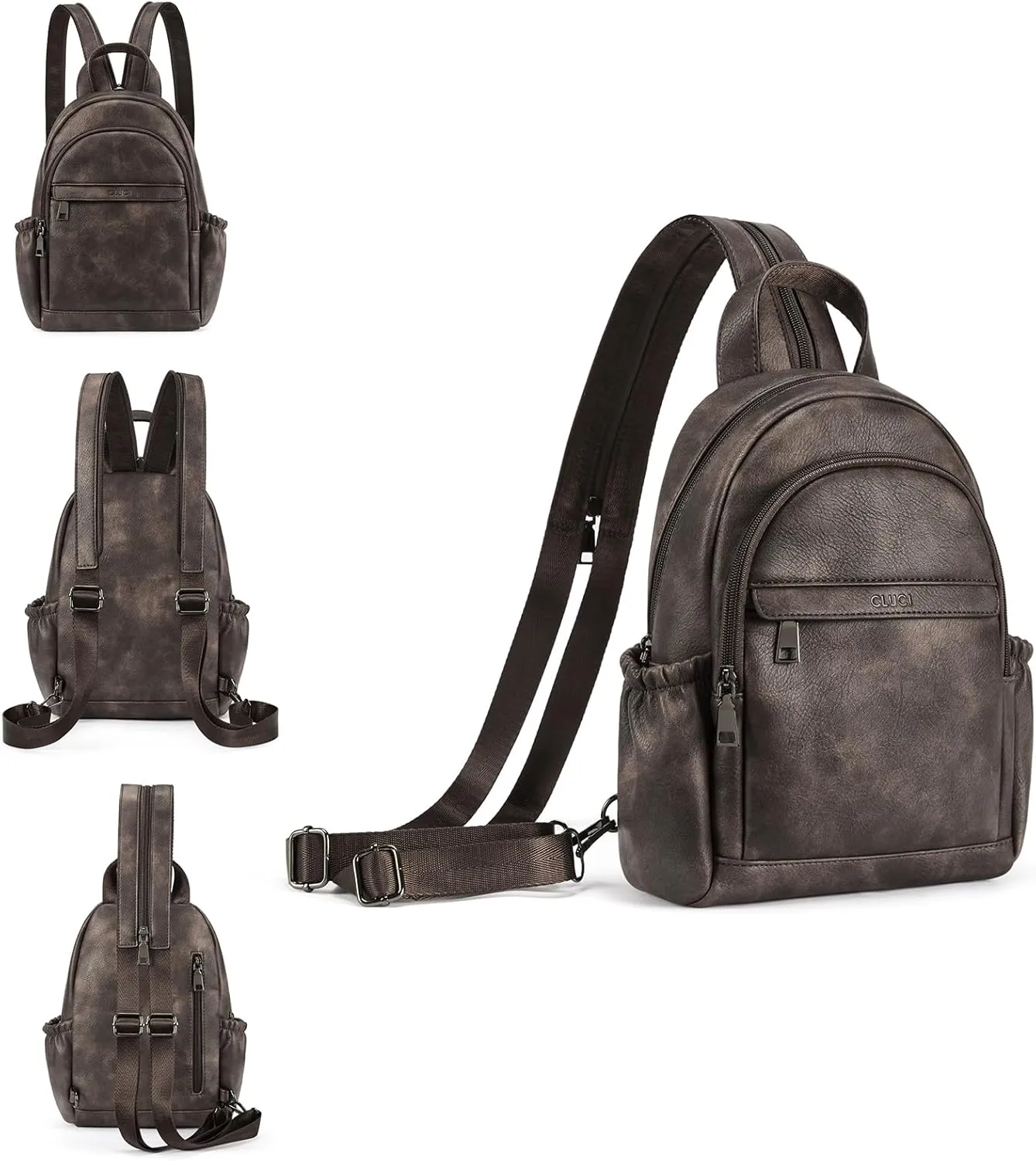 CLUCI Leather Sling Backpack for Women - Small Convertible Crossbody Bag for Travel