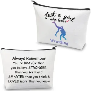 CMNIM Wrestler Girl Gifts - Just a Girl Who Loves Wrestling Makeup Cosmetics Bag, Inspirational Travel Zipper Bag for Girls (White)