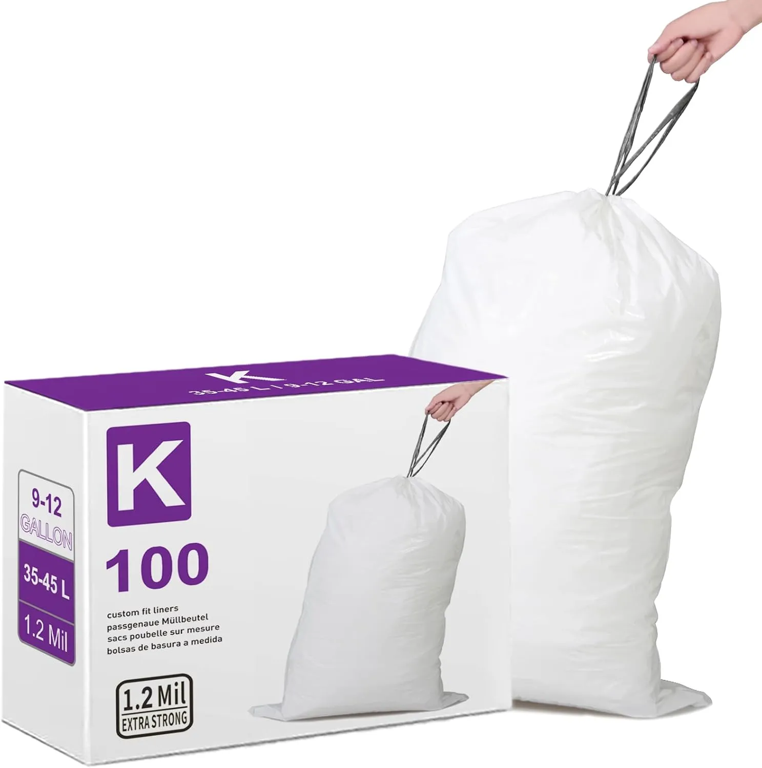 Code K Heavy Duty Drawstring Trash Bags 1.2 Mil THICK 100 Count Compatible with simplehuman Code K Trash Can | 9-12 Gallon 35-45 Liter Heavy Duty White Garbage Can Liners