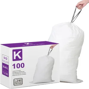 Code K Heavy Duty Drawstring Trash Bags 1.2 Mil THICK 100 Count Compatible with simplehuman Code K Trash Can | 9-12 Gallon 35-45 Liter Heavy Duty White Garbage Can Liners