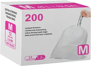 Code M 200 Count Drawstring Trash Bags Heavy Duty 1.2 Mil THICK Compatible with simplehuman Code M | White Garbage Can Liners 12 Gallon / 45 Liter Heavy Duty Plastic Trash Bags