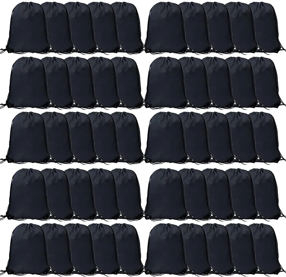 CODOBON 50 Pcs Drawstring Bags, Bulk Draw String Backpack, Cinch Polyester Bag for Gym Sport, Black