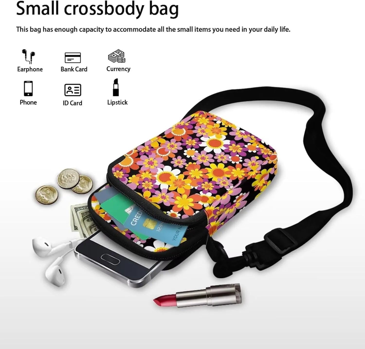 Colorful Flower Travel Sling Bag for Women Sling Bag Crossbody Travel Purses Anti Theft Crossbody Travel Crossbody Bags for Women Side Bag Crossbody Cross Body Gifts