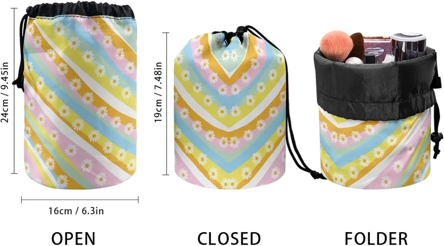 Colourful thread and daisies drawstring makeup bag opens flat travel essentials for women portable lazy drawstring makeup bag travel cosmetic pouch toiletry barrel drawstring makeup bag