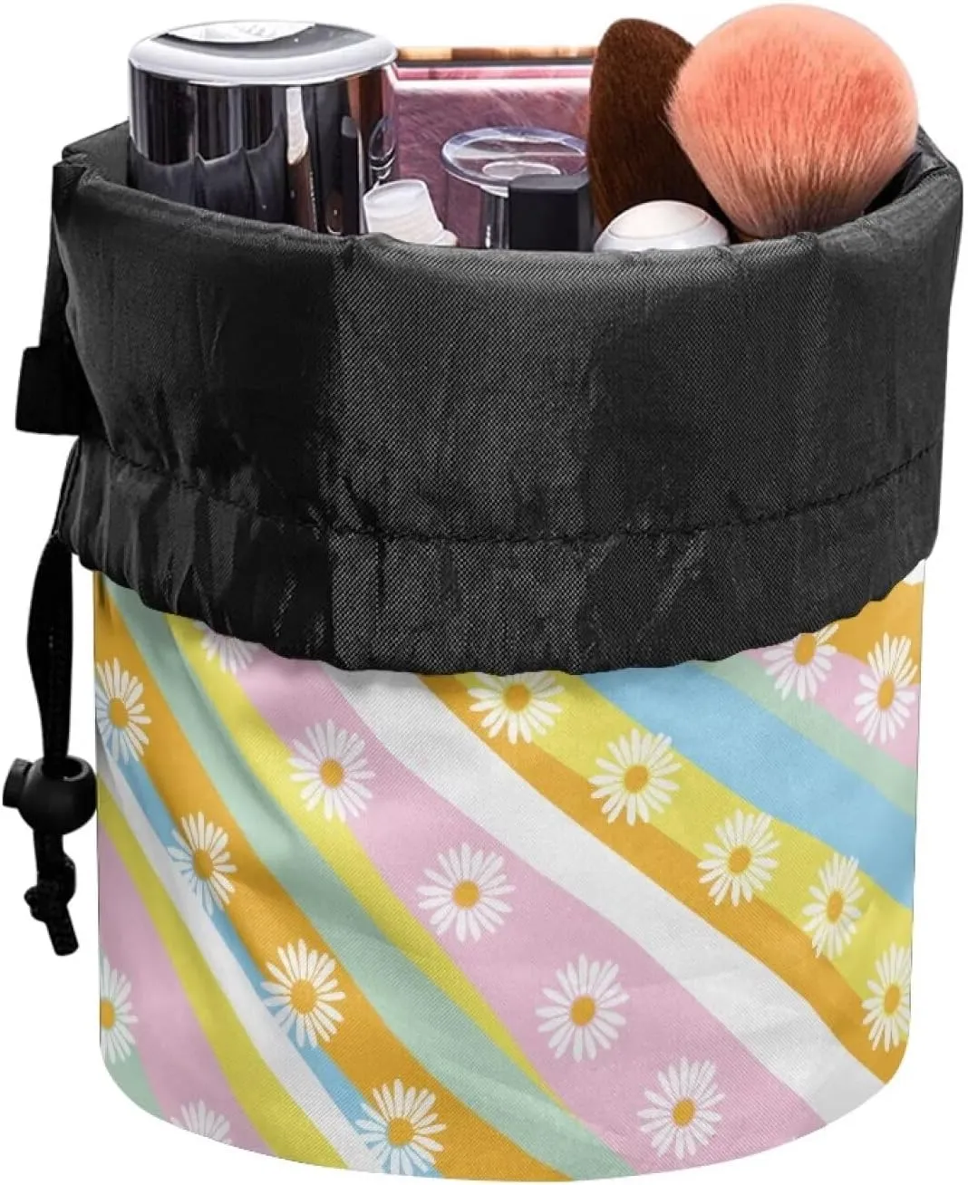 Colourful thread and daisies drawstring makeup bag opens flat travel essentials for women portable lazy drawstring makeup bag travel cosmetic pouch toiletry barrel drawstring makeup bag