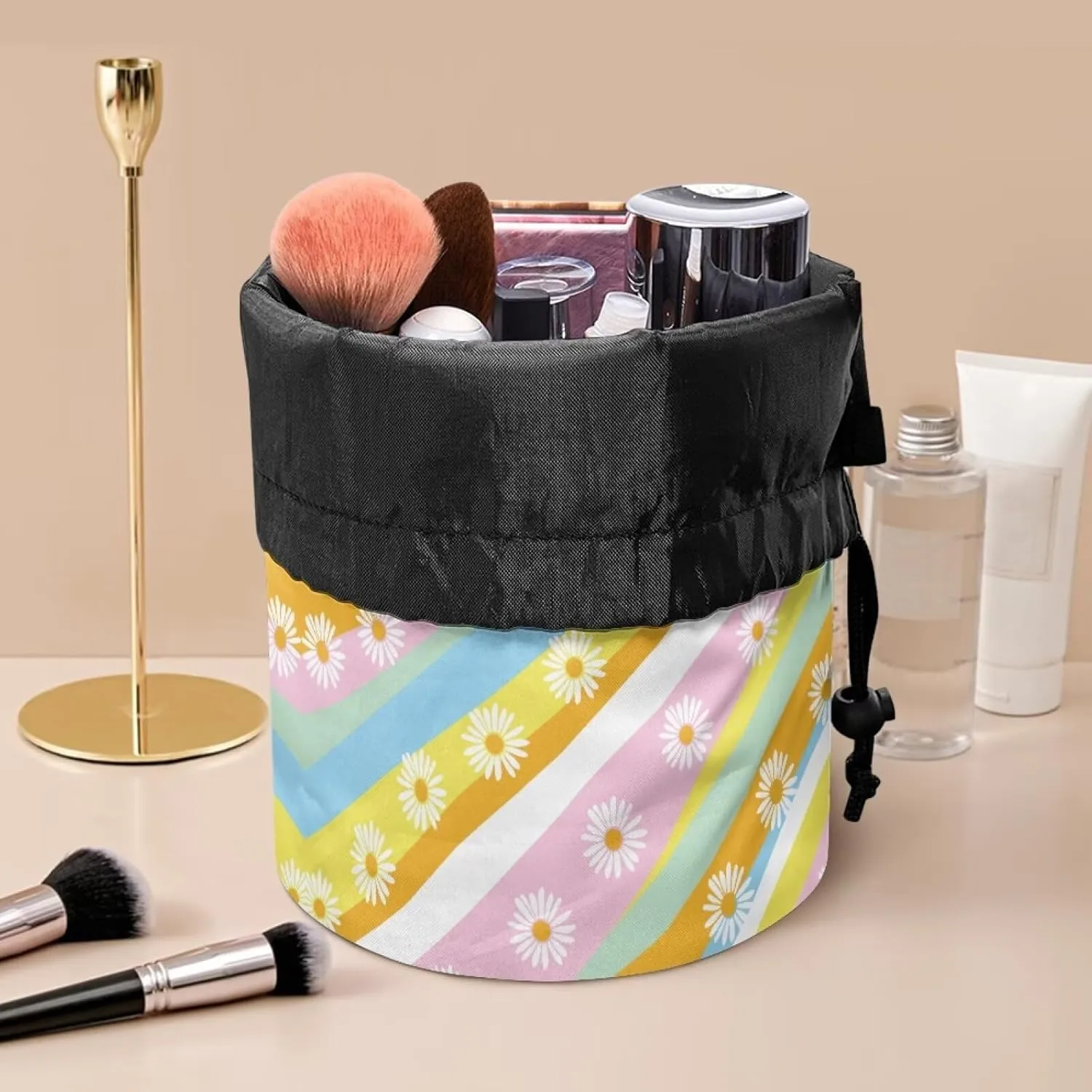 Colourful thread and daisies drawstring makeup bag opens flat travel essentials for women portable lazy drawstring makeup bag travel cosmetic pouch toiletry barrel drawstring makeup bag