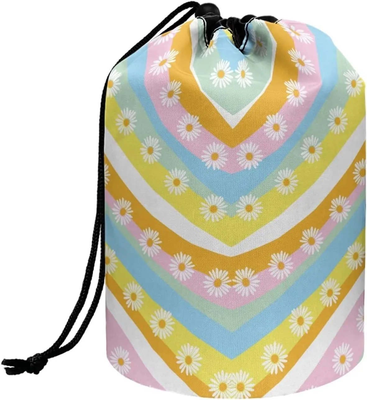 Colourful thread and daisies drawstring makeup bag opens flat travel essentials for women portable lazy drawstring makeup bag travel cosmetic pouch toiletry barrel drawstring makeup bag