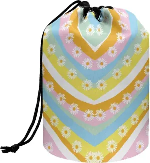 Colourful thread and daisies drawstring makeup bag opens flat travel essentials for women portable lazy drawstring makeup bag travel cosmetic pouch toiletry barrel drawstring makeup bag