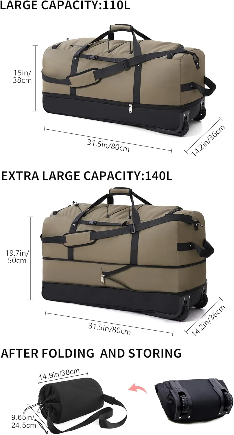 CONTAIL 32” Soft-side 110L Expandable 140L Rolling Duffle Bag with 2 Inline Wheels,Convertible Weekend Travel Bag with Bungee-Cord System,Army Green