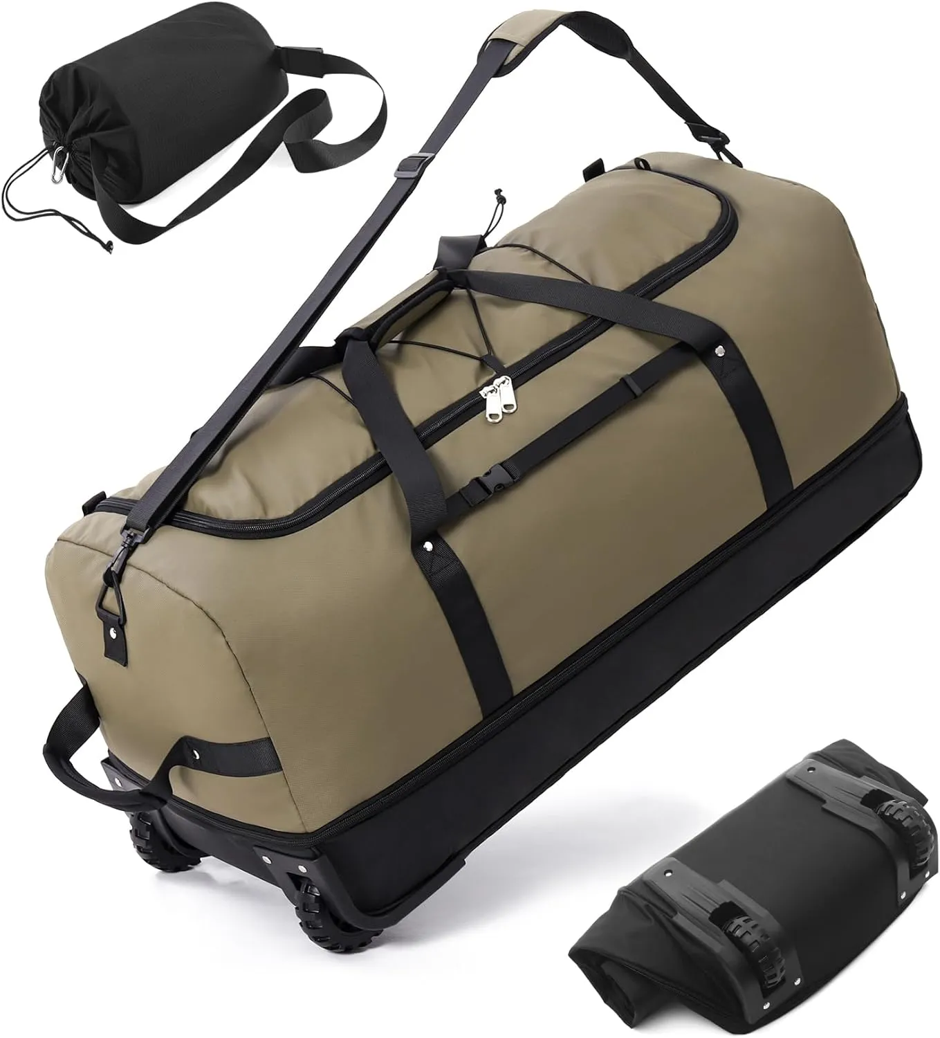 CONTAIL 32” Soft-side 110L Expandable 140L Rolling Duffle Bag with 2 Inline Wheels,Convertible Weekend Travel Bag with Bungee-Cord System,Army Green